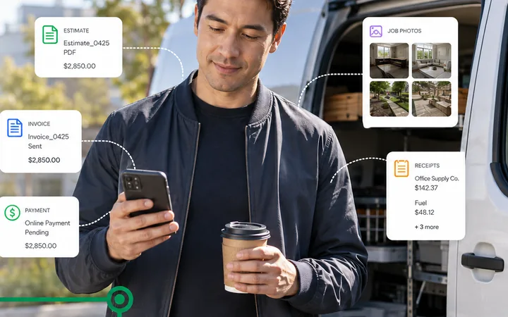 Corva One banner: a self-employed tradesperson leans against an open work van, phone in one hand and coffee in the other, with floating cards around him for an estimate, an invoice, an online payment, job photos and receipts — headline: “A one-person business shouldn’t need five apps to get paid.”